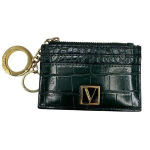 Victoria's Secret Dark Green Croc Embossed Card Case Keychain Gold V Logo Zipper